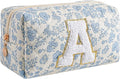Gleyemor Personalized Initial Makeup Bag for Women, Cute Quilted Blue Floral Cotton Cosmetic Bag, Christmas Gifts for Her Mom Friend Sister Bridesmaid Teacher Women A