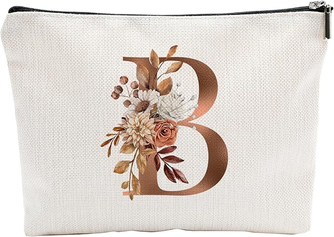 A-Z Boho Personalized Cosmetic Bag-Floral Cotton Letter Makeup Bag With Zipper-Artistic Cosmetic Bag For Travel-Bride,Birthday Gift For Women Daughter Friends-Women Makeup Organizer-A02