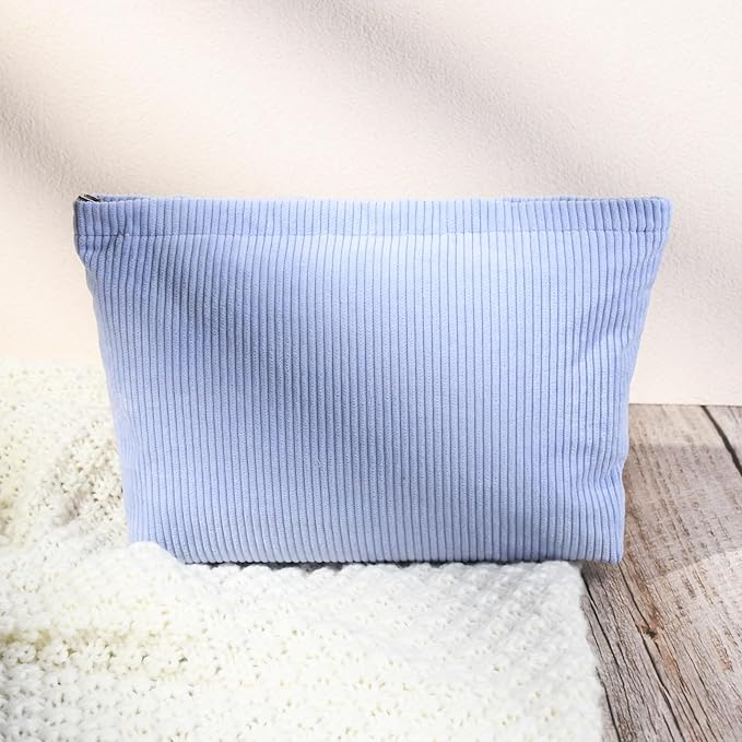 SOIDRAM 2 Pcs Corduroy Makeup Bag Large Cosmetic Bag Toiletry Bag Makeup Pouch Travel Bag Organizer Cute Makeup Brushes Aesthetic Accessories Storage Bag for Women Blue