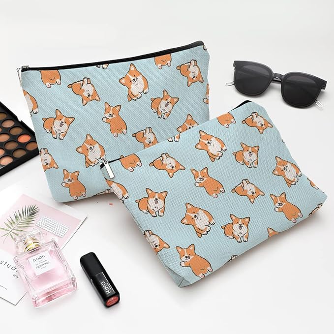Cute Makeup Bag for Purse Canvas Waterproof Funny Cosmetic Bags for Women Zipper Travel Toiletry Pouch-Corgi Makeup Bags
