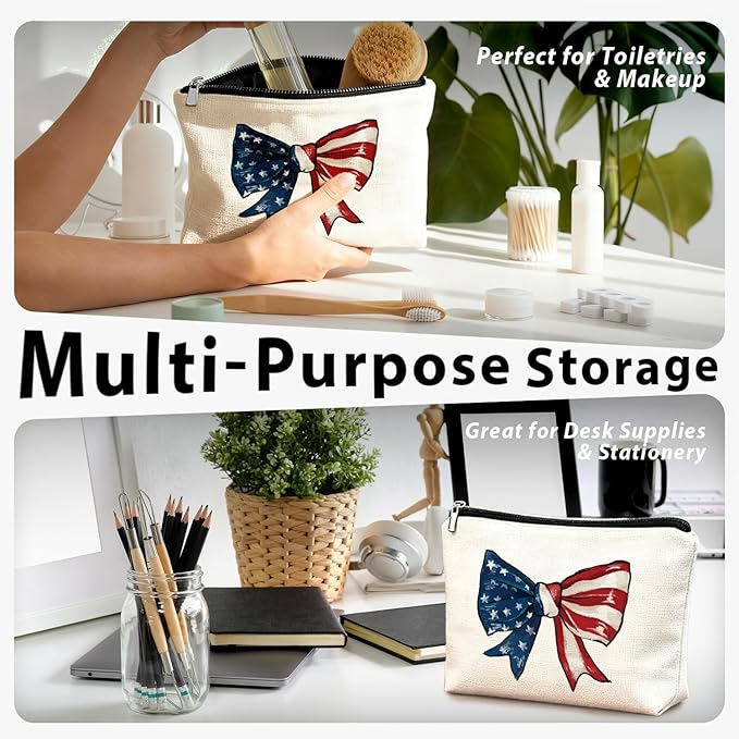 Coquette American Flag Bow Makeup Bag, Gifts for Patriotic Women Cosmetic Bag, Preppy Red White and Blue Bow Small Toiletry Bags Zipper Makeup Pouch
