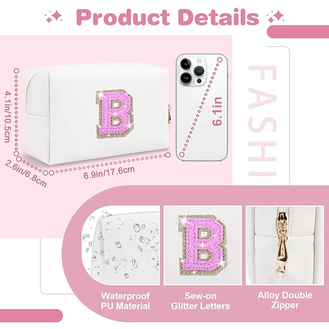 Small Initial Patch Makeup Bag Personalized Gifts Make Up Bag,White Cute PU Leather Glitter Letter Cosmetic Bag with Zipper,Trendy Portable Travel Toiletry Pouch,Preppy Stuff for Teen Girls Women B