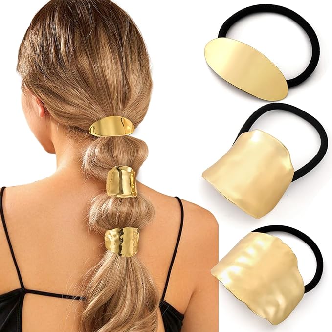 3PCS Gold Hair Ties, Metal Hair Ties for Thick Hair, Elegant Durable Geometric Design Hair Cuffs, Gold Hair Accessories Stretchy and Non-Damage Ponytail Holders 3 Style Holiday Christmas Gifts