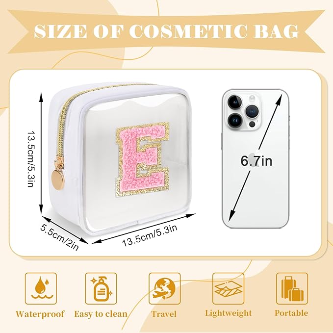 Personalized Initial Letter Clear Preppy Makeup Bag,Mini Nylon Chenille Letter Cosmetic Bag Cute Zipper Pouch Purse for Teen Girls,Portable TSA Approved Beach Travel Essentials Bag Gift for Women,E