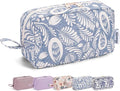 Narwey Cute Makeup Bag Small Toiletry Bag Travel Cosmetic Bag Organizer Make Up Bags with Organized Pockets for Women (Blue Leaf, Large)