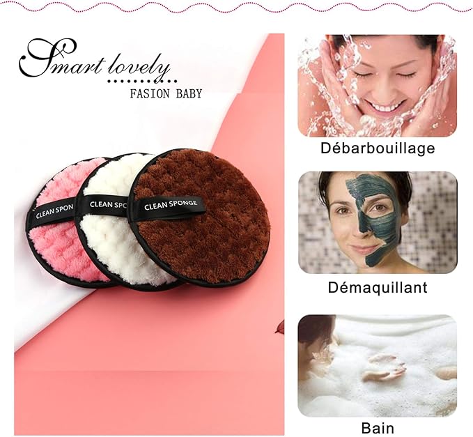 Vtrem 3 Colors Makeup Remover Pads: Reusable Rounds Soft Facial Cleaning Puffs Towels Double-Side Washable Make Up Removing Cloth Microfiber Multi-Function, White, Pink, Brown