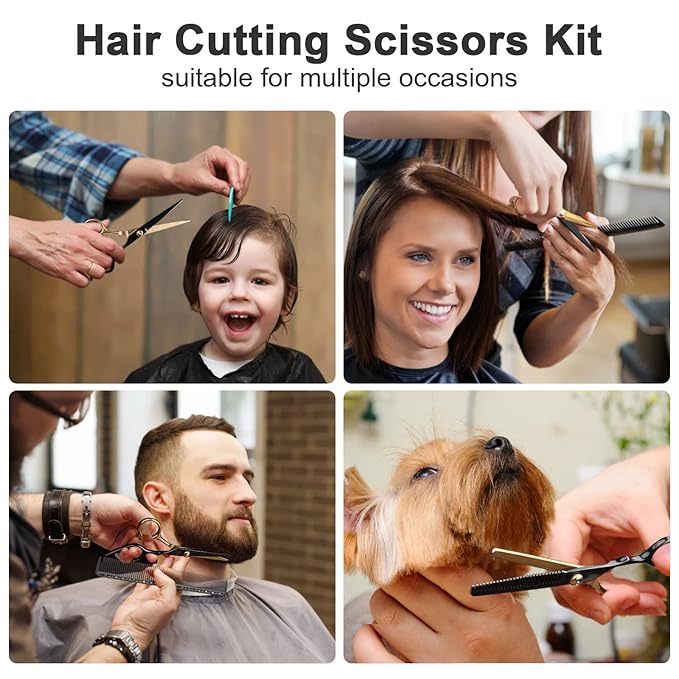 Hair Scissors,11Pcs Professional Black Gold Hair Cutting,Stainless Steel Barber Supplies,Straight, Thinning Shears, Multi Use Haircut Sets for Home Salon Barber