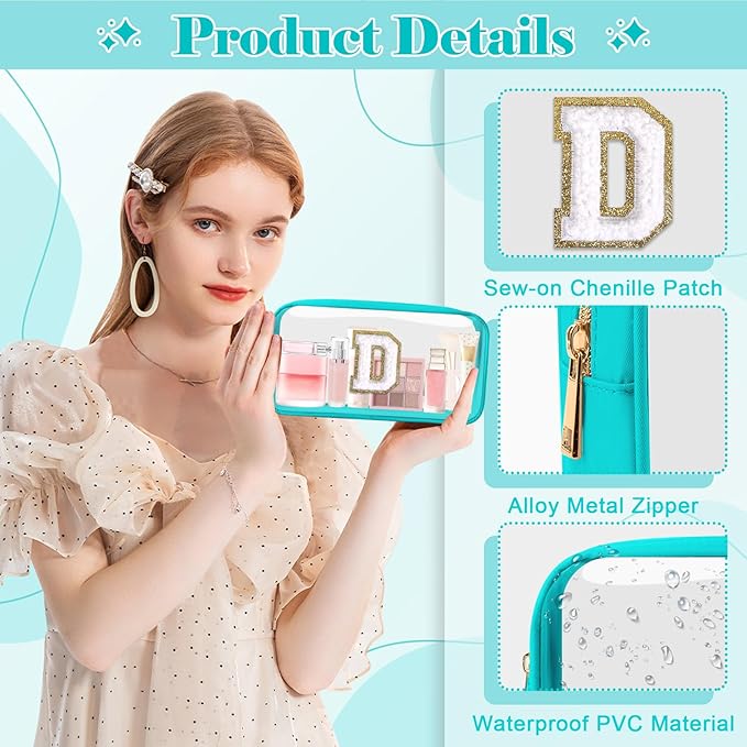 Personalized Initial Letter Clear Makeup Bag,Preppy Small Nylon&PVC Cosmetic Zipper Bag with Chenille Letter,Portable Beach Travel Skincare Toiletry Bag,Trendy Monogram Gift for Teen Girls Women,D