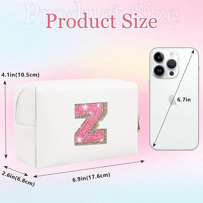 Glitter Initial Letter Makeup Bag, Small Personalized Sequins Letters PU Leather Cosmetic Bag Portable Waterproof Makeup Zipper Pouch, Shine Handbag Organizer Travel Bag Gifts for Women&Girls(White-Z)