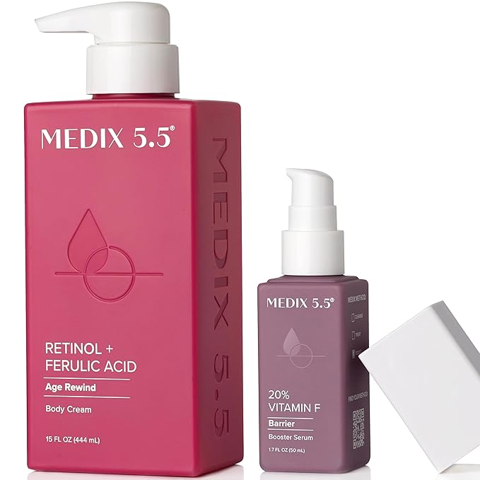 MEDIX Retinol Body Lotion + 20% Vitamin F Booster Serum Moisturizer 2PC Skin Care Set | Crepey Skin Care Treatment | Retinol Body Cream Targets Appearance Of Sagging Crepe Skin & Wrinkles, 2PC Set
