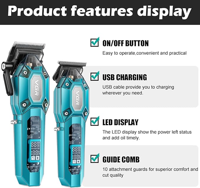 VGR Professional Hair Clippers for Men, Cordless Barber Clippers and Trimmers Set, Mens Hair Cutting Kit with 10 Guide Combs, USB Rechargeable Haircut Machine for Family, LED Display, Green