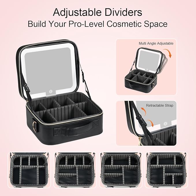 BEAUTY CASE Makeup Bag with Led Mirror, 10 Inch Portable Travel Cosmetic Organizer Case with Adjustable Dividers, USB Charging, Large Capacity, Ideal for Travel, Gift for Women Girls, Black