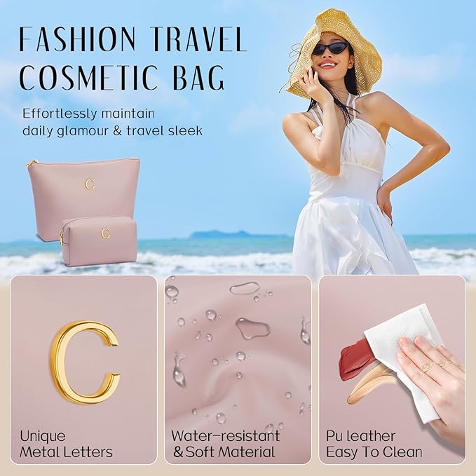 Women Gifts | Initial Makeup Bag Set for Girl Personalized Gifts for Bridesmaid Friend Graduation Teachers PU Leather Cosmetic Travel Toiletry Bag(Pink,C)