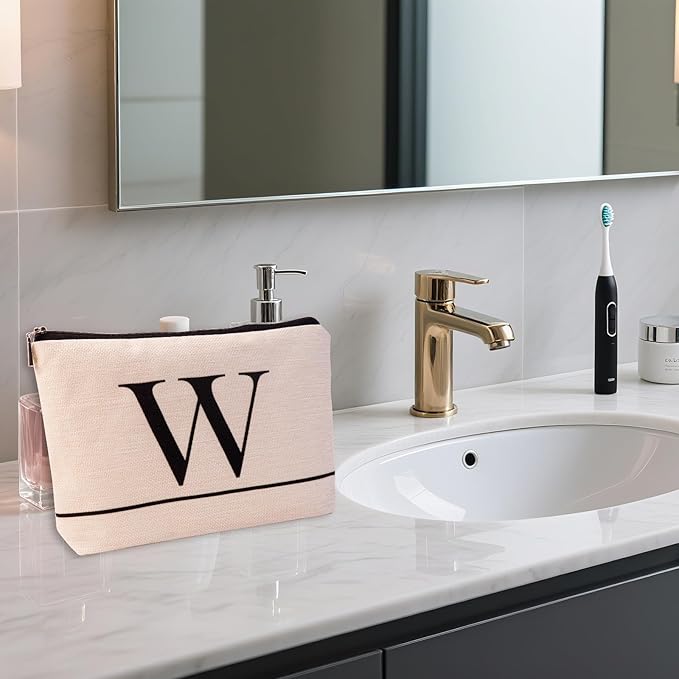 Letter A-Z Initial Personalized Makeup Bags, Birthday Gifts for Women, Monogrammed Gifts for Women Mom Sister Best Friend Bride Bridesmaid, Mothers Day, Christmas, Small Travel Cosmetic Bag (W)