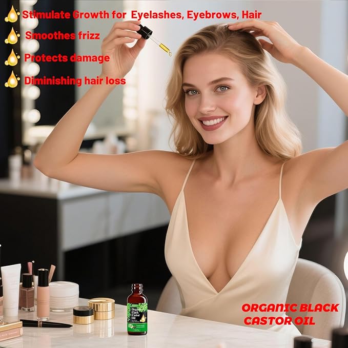 Organic Black Castor Oil,100% Pure Natural ,Cold Pressed, Glass Bottles, Hair,Eyebrow Care, Skin Care, Castor Oil for Body & Carrier Oil