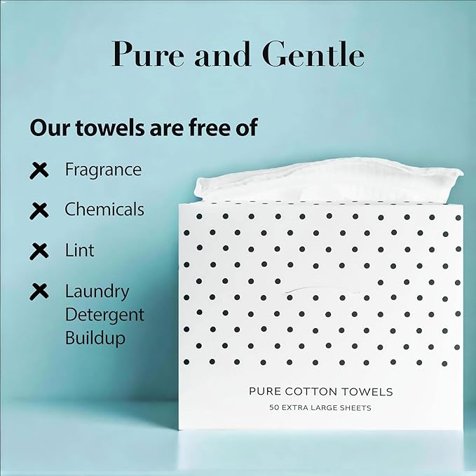 Cotton Towels | Disposable Face and Makeup Wipes | Natural, Biodegradable | Plant Based Facial Towelettes | Ideal for Sensitive Acne Prone Skin, Travel, Baby Care, 50 Ct, 1 Pk
