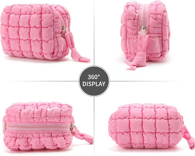 Puffy Quilted Makeup Bag Small Puffer Bag Cosmetic Bags Travel Toiletry Purse for Women, Cute Organizer Pouch, Pink
