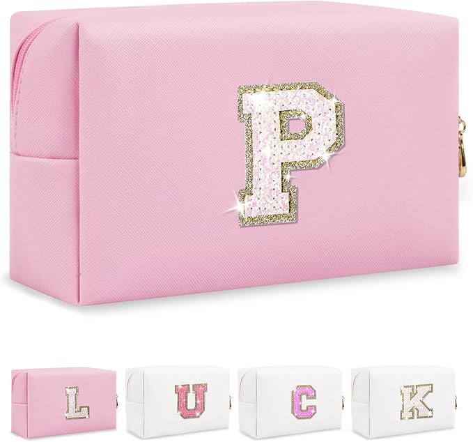 Personalized Initial Letter Makeup Bag, Small Preppy Glitter Letter Cosmetic Pouch PU Waterproof Zipper Travel Toiletry Bag, Unique Letter Patch Makeup Organizer Gift for Women Teen Girls(Letter P)