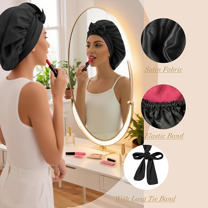 Satin Hair Bonnet for Sleeping Women, Double Layer Silk Bonnets for Women with Tie Band, for Braids Curly Long Hair