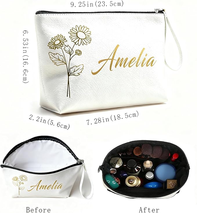 Personalized Makeup Bag Initial&Birth Flower Custom Small Travel Cosmetic Bag with Name Cute Makeup Bag for Women Girls