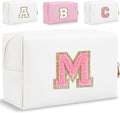 Small Personalized Letter Makeup Bag, Cute PU Leather Chenille Letters Cosmetic Bag Travel Makeup Pouch, Preppy Travel Organizer Zipper Pouch for Women&Girls（WhitePink-M）