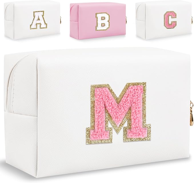 Small Personalized Letter Makeup Bag, Cute PU Leather Chenille Letters Cosmetic Bag Travel Makeup Pouch, Preppy Travel Organizer Zipper Pouch for Women&Girls（WhitePink-M）