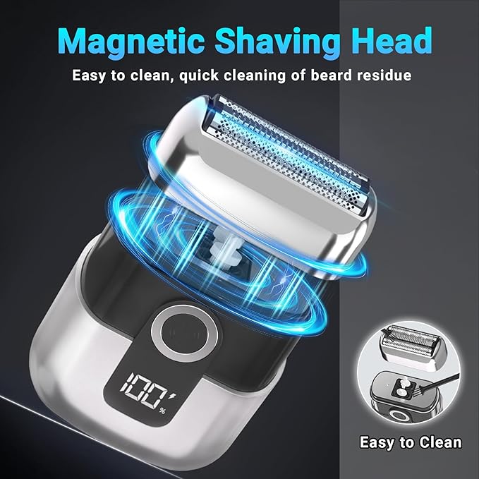 Electric Foil Shavers for Men: Mini Electric Razor, Foil Shaver for Face, IPX7 Waterproof Wet Dry Cordless Razor with 3 Floating Blades, LED Display for Travel & Home, USB Type C