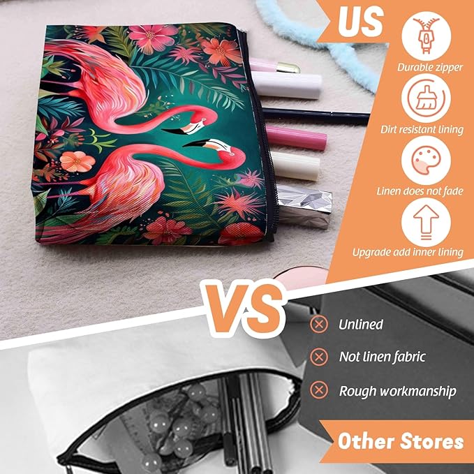 Cosmetic Bags Travel Makeup Toilet Case Waterproof Pouch for Women Girls 6.7X9.45inches - Two Flamingos in A Tropical Floral Setting