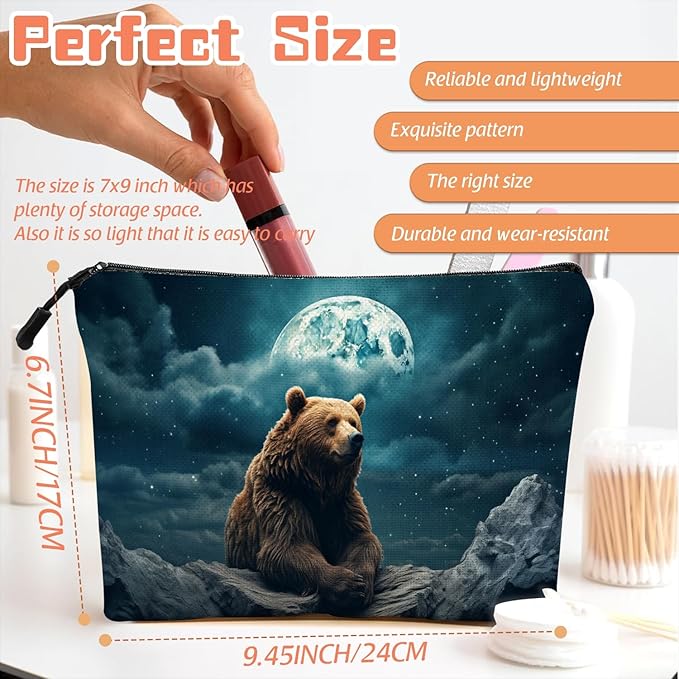 Cosmetic Bags Travel Makeup Toilet Case Waterproof Pouch for Women Girls 6.7X9.45inches - Brown Bear on Rock Under A Starry Sky And Moon