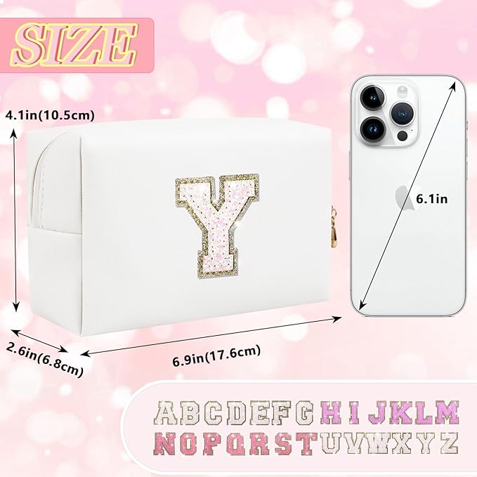 Initial Letter Patch Makeup Bag, Preppy Glitter Letter Pouch Cosmetic Bag,Small PU Travel Toiletry Bag Zipper,Personalized Monogrammed Gift for Friends Sister,Cute Stuff for Women Teen Girls(Letter Y)