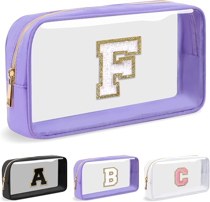 Personalized Initial Letter Clear Makeup Bag,Preppy Small Nylon&PVC Cosmetic Zipper Bag with Chenille Letter,Travel Skincare Toiletry Bag,Monogram Christmas Gift for Teen Girls Women,F