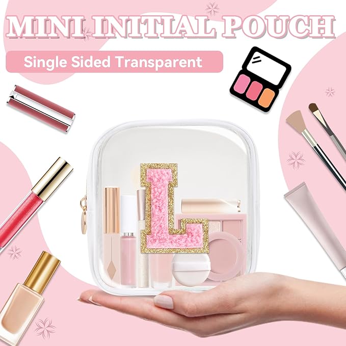 Mini Clear Personalized Initial Makeup Bag,Nylon Preppy A-Z Chenille Letter Patch Zipper Cosmetic Bag, Small Cute Beach Pouch Travel Purse Sanitary Napkin Storage Bag for Women Girls(White-Pink L)