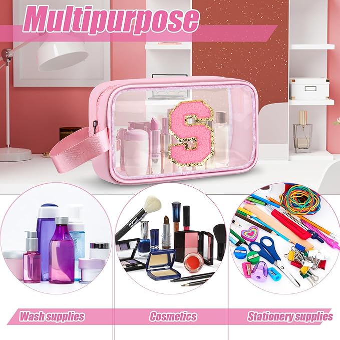 Initial Makeup Bag,Letter S Cute Clear Monogrammed Cosmetic Travel Bag for Womens Girls,Personalized Pink Aesthetic Traveling Make Up Organizer Bag for Beach,Waterproof Toiletry Bag