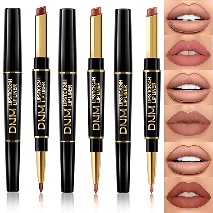 3Pcs Lip Liner and Lipstick Combo Set, Chestnut Nude Brown Lipgloss for Women Magic Lipstain 24 Hours Original Lip Liner Makeup Stain Long Lasting Waterproof Smudge Proof labial