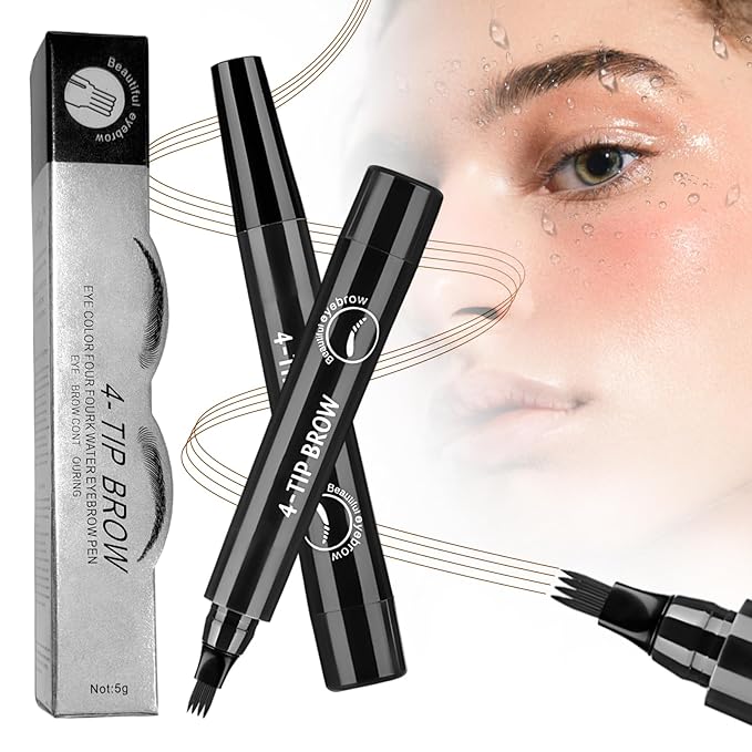 Microblading Eyebrow Pen, Waterproof Four-tip Beard and Eyebrow Pen, Liquid Eyebrow Pencil, Long-Lasting Natural Magic Eyebrow Makeup Fine Stroke Contouring Pencil (Black)