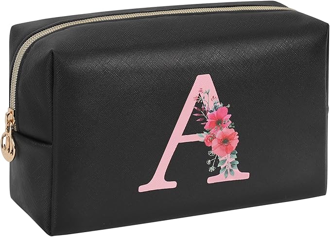 Personalized Initial Makeup Bag, Birthday Gifts for Women and Girls, Small Makeup Pouch Travel Toiletry Bag, Make Up Organizer Bag Gift Trendy Stuff for Friend Mom Teacher, Black
