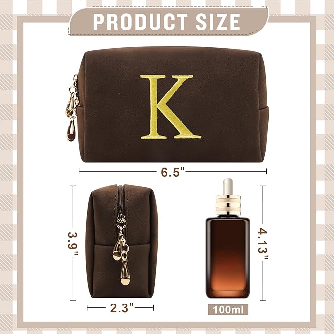 Personalized Initial Makeup Bag,Preppy Suede Cosmetic Bag for Teen Girls,Small Monogram Travel Toiletry Bag With Gold Embroidered Letter,Trendy Stuff Custom Christmas Gift for Women(Coffee-K)