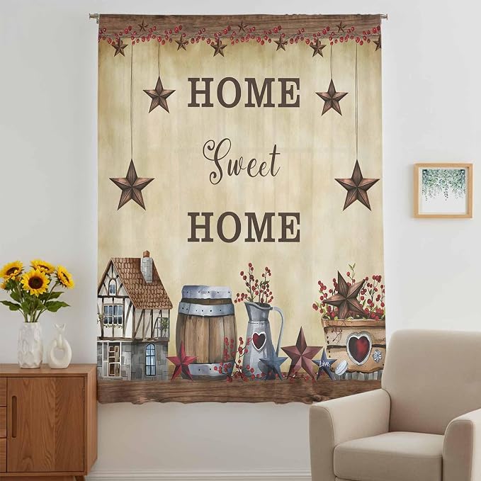 Farm Sheer Curtains 108 Inch Length American Country Barn Star Vintage Berry - Image 5