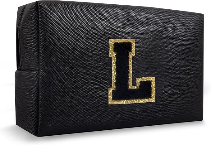 Personalized Initial Preppy Travel Makeup Bag Organizer, Small Black Cute Cosmetic Bag Toiletry Zipper Pouch for Purse, Portable Waterproof PU Make Up Case Birthday Gift for Her Mom Teacher(Letter L)