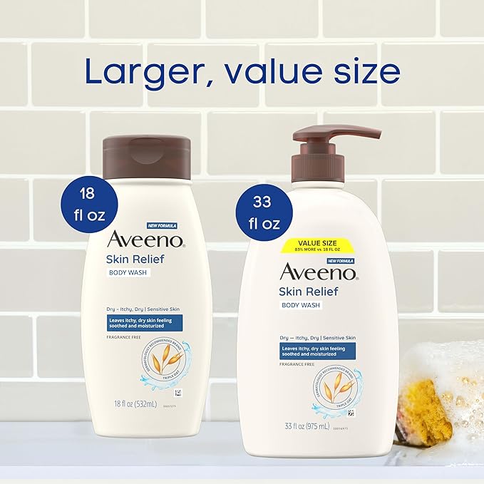 Aveeno Skin Relief Fragrance Free Body Wash, Triple Oat Formula, Gentle Daily Cleanser for Itchy Dry Sensitive Skin, Soap & Paraben Free, Soothes & Moisturizes, 33 fl oz