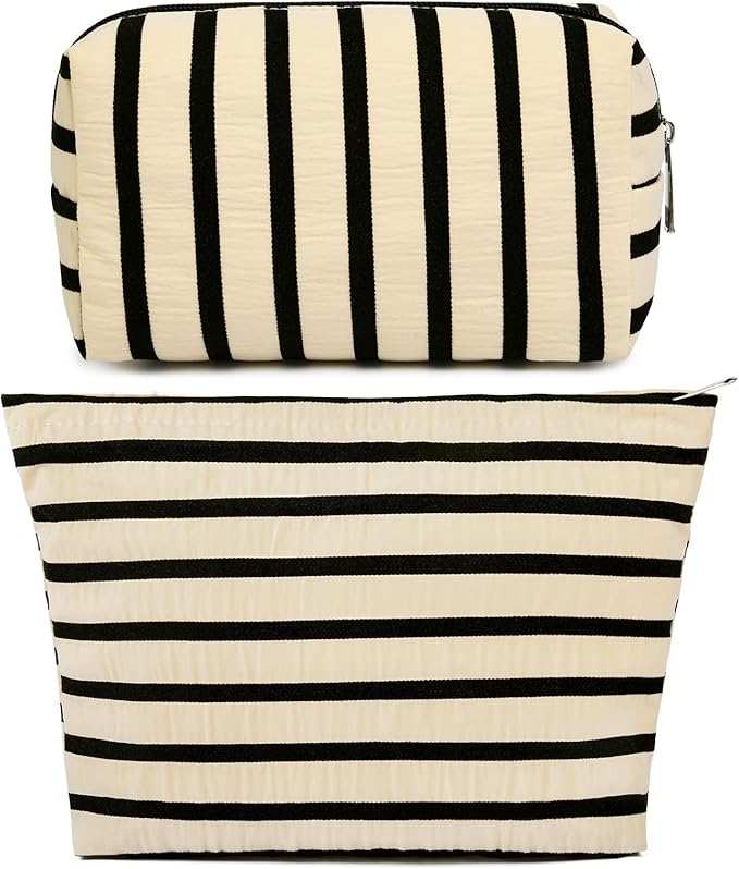 SOIDRAM 2 Pieces Makeup Bag Large Stripe Cosmetic Bag Capacity Canvas Mix Travel Toiletry Bag Organizer Cute Makeup Brushes Aesthetic Accessories Storage Bag for Women, Stripe Mix White