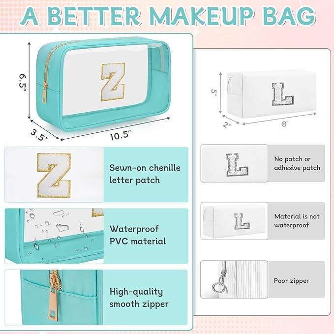 Personalized Initial Clear Makeup Bag, Travel Chenille Patch Cosmetic Bag, Preppy Toiletry Bag Monogram Cosmetic Pouch with Zipper, Ideal Gift for Teen Girls Women (Clear-Green, Z)