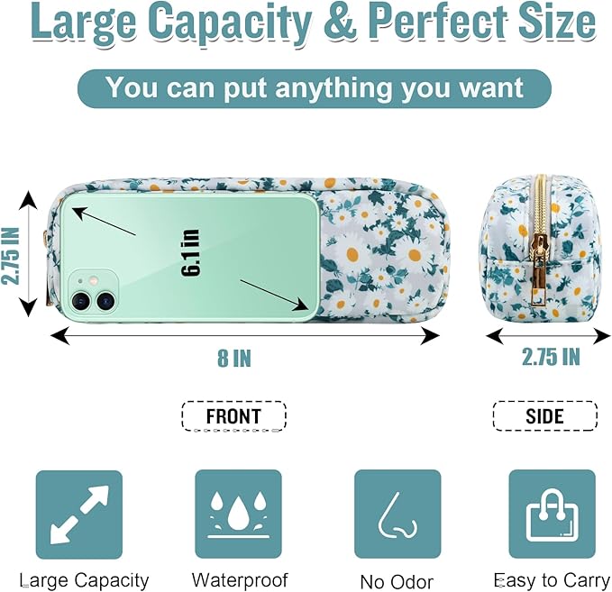 izuzta Nylon Small Floral Makeup Bag Slim Pouch, Preppy Cute Makeup Brush Case Bag Flower Cosmetic Zipper Pouch Purse, Waterproof Travel Toiletry Bag Coin Pouch Make Up Organizer Women(Green-Daisy)