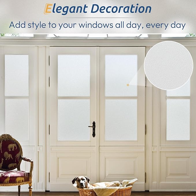 rabbitgoo Window Privacy Film, Frosted Glass Window Clings, Static Cling UV Heat Blocking Door Stickers for Home Bathroom, Removable Indoor Decal Coverings Day and Night, Pure, 35.4 x 196.8 Inches