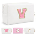 Personalized Makeup Bag Initial A-Z Preppy Patch Bag,Small PU Leather Travel Cosmetic Bag Pouch with Zipper,White Cute Toiletry Bag,Gift Ideal for Teen Girls Women Birthday Friend Mom,Letter V