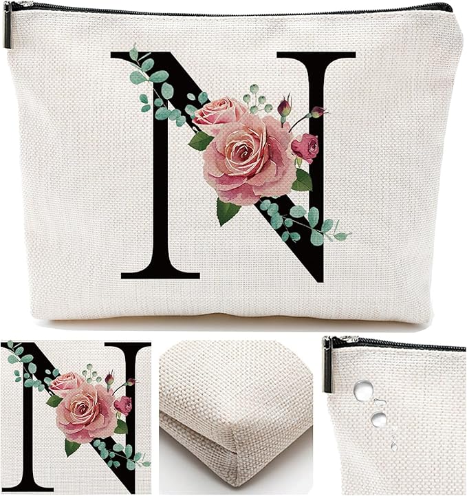 Initial A-Z Personalized Letter Makeup Bag, Monogrammed Bridesmaid Gifts/Presents Cosmetic Bag, Portable Stationery Storage Organizer Pouch, Friendship Love Travel Makeup Bags