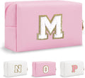 Small Travel Initial Preppy Makeup Bag, Personalized Pink Cute Cosmetic Organizer Chenille Letter Travel Toiltery Zipper Pouch, Waterproof PU Leather Make Up Case Mothers Day Gifts for Mom(Letter M)
