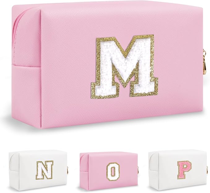 Small Travel Initial Preppy Makeup Bag, Personalized Pink Cute Cosmetic Organizer Chenille Letter Travel Toiltery Zipper Pouch, Waterproof PU Leather Make Up Case Mothers Day Gifts for Mom(Letter M)