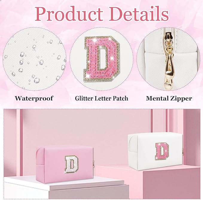 Glitter Initial Letter Makeup Bag, Small Personalized Sequins Letters PU Leather Cosmetic Bag Portable Waterproof Makeup Zipper Pouch, Shine Handbag Organizer Travel Bag Gifts for Women&Girls(White-D)