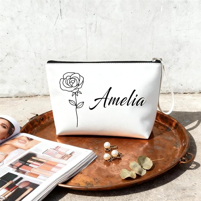 Personalized Makeup Bag Initial&Birth Flower Custom Small Travel Cosmetic Bag with Name Cute Makeup Bag for Women Girls